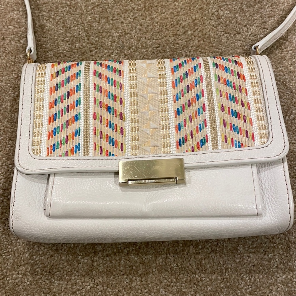 Gigi New York White Crossbody with Gold and Rainbow Embroidery